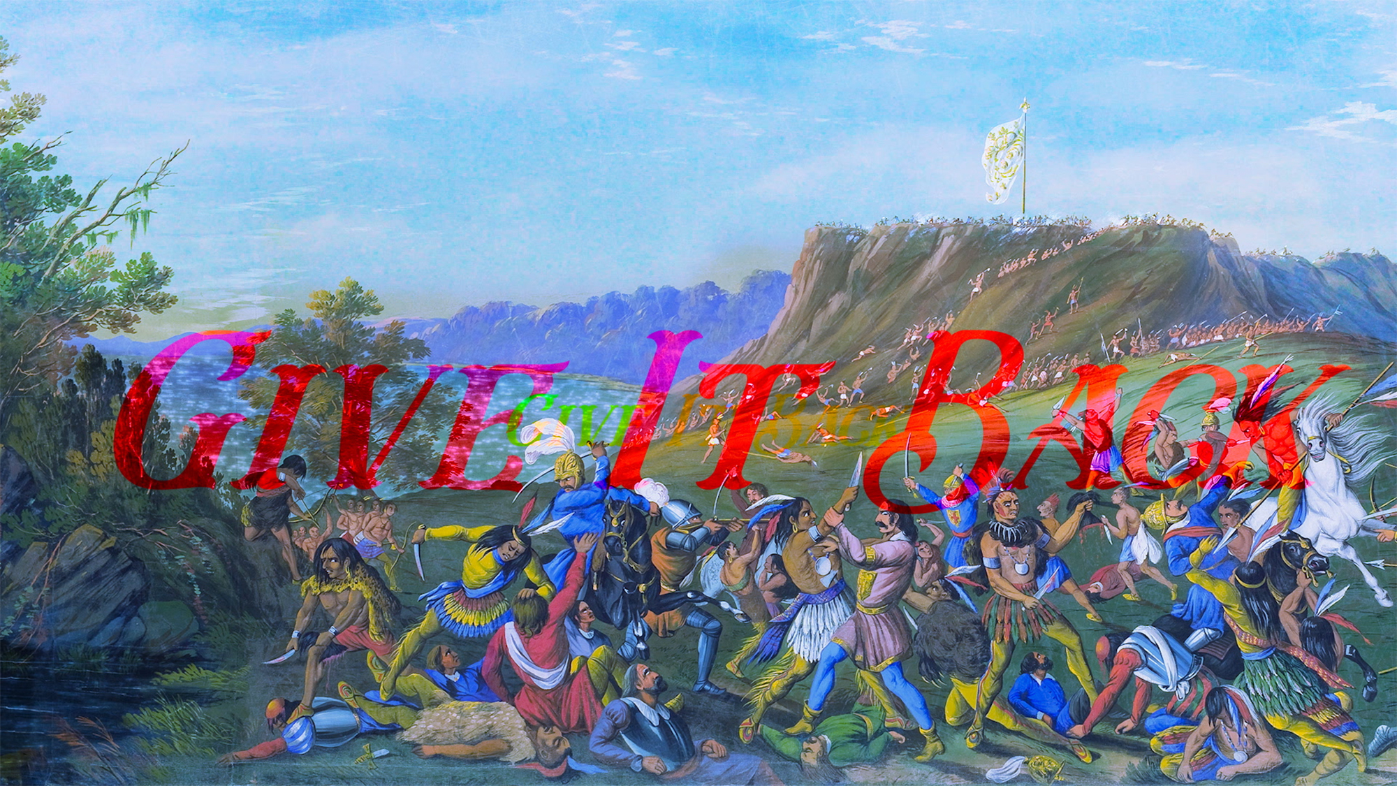 In red italics, "Give It Back" text overlays a painting of stereotypical Native Americans in a forested area.