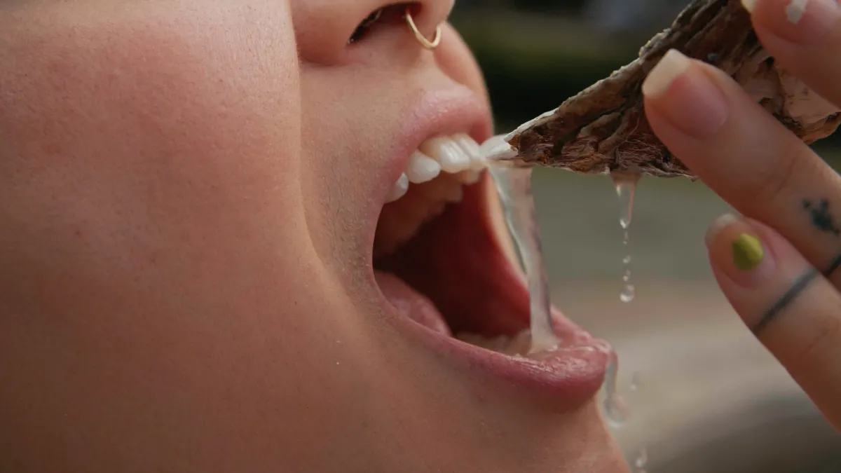An extreme close up of an oyster dripping succulent juices into an open mouth.